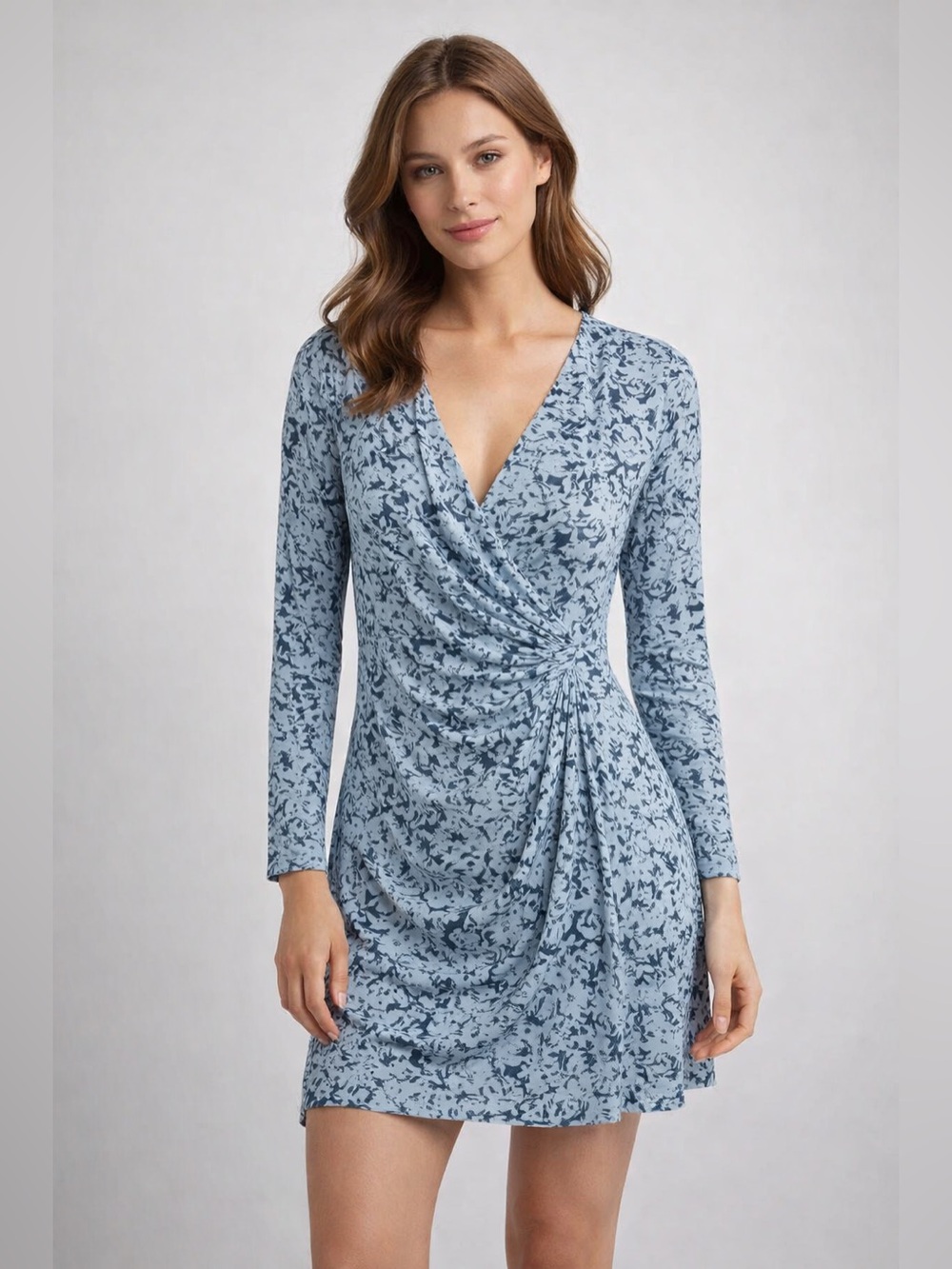 Club Monaco Silk Side Drape Mini Dress Abstract Floral Blue Black 00 NWT
